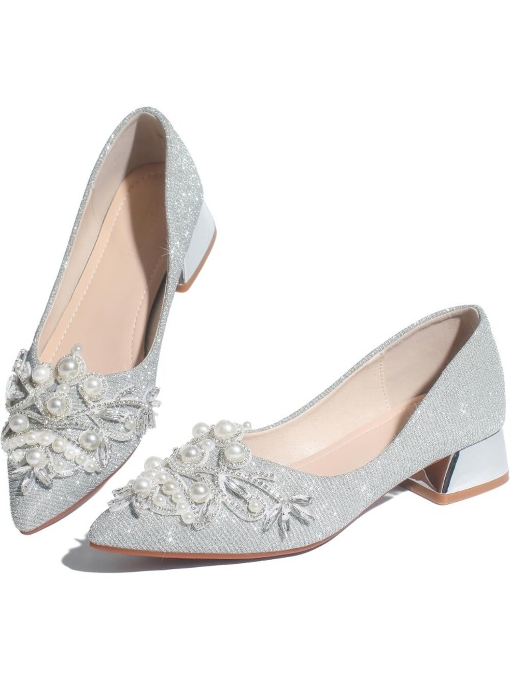 👑Women silver Rhinestone Fashion Pointed Toe Pearl Diamond Low Heel Dress shoes